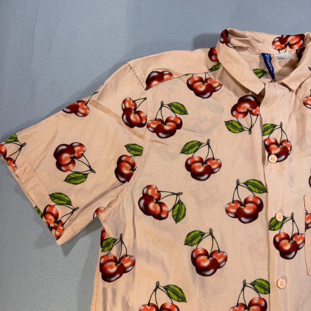 H&M Divided Womens Small Cherry Print Button Up Shirt Peach Short Sleeve Viscose - Picture 6 of 11